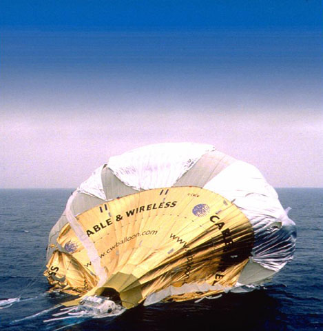 The Cable and Wireless balloon after ditching in the Pacific in 1999. Photograph: Andy Elson The Cable and Wireless balloon after ditching in the Pacific in 1999