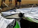 Extensive-damage-Adam-Parer-hang-glider Backbone of the glider, the keel, looking worse for wear. Downtube not much better. The stinger extension was never found. Keel wire failure at crimp.