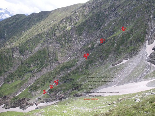 This photograph, annotated by a friend of Alexey Ashurov, shows the crash site. A rucksack was found at 6, the paraglider at 5, Alexey's body at 4, and his helmet at 1. This photograph, annotated by a friend of Alexey Ashurov, shows the crash site. A rucksack was found at 6, the paraglider at 5, Alexey's body at 4, and his helmet at 1.