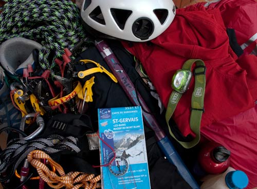 Climbing and flying from Mont Blanc involves a lot of kit