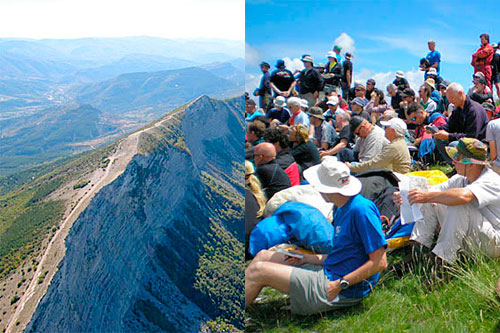 Pilots-at-briefing-and-the-Chabre-ridge The Chabre ridge, and pilots at briefing.