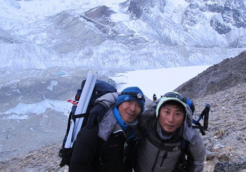Babu Sunuwar and Lakpa Tshering Sherpa on the lower slopes of Everest in April this year. Photo: Babu Sunuwar Babu Sunuwar and Lakpa Tshering Sherpa on the lower slopes of Everest in April this year. Photo: Babu Sunuwar