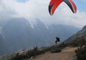 Babu flies from above Namche Bazaar on the walk in. Photo: Babu Sunuwar