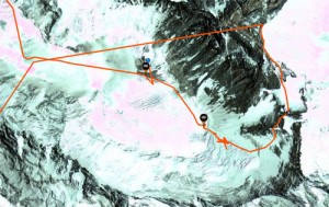 A zoom of the south side of Everest showing Babu's climb up the South Col and take off
