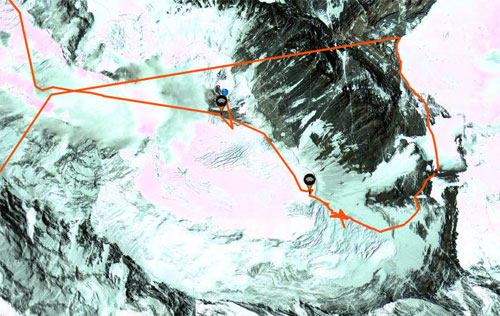 A zoom of the south side of Everest showing the route up the South Col and take off A zoom of the south side of Everest showing the route up the South Col and take off