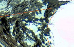 A close up of the launch site on the northern flank of Everest, just below the summit