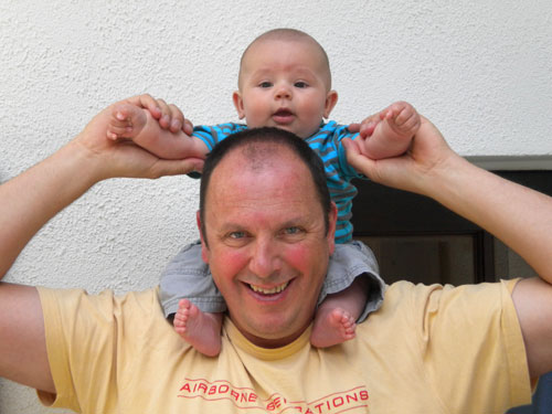 Back home with the family: Mark and his son Zac
