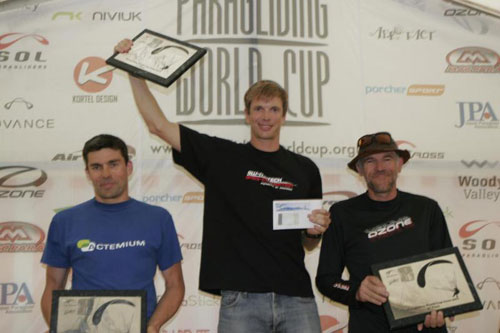 Alex Hofer, centre, after winning the Austrian Paragliding World Cup on 18 June 2011. Josef Brandner and Jacques Fournier (right) came second and third. Photo: PWCA Alex Hofer, centre, after winning the Austrian Paragliding World Cup on 18 June 2011. Josef Brandner and Jacques Fournier (right) came second and third. Photo: PWCA