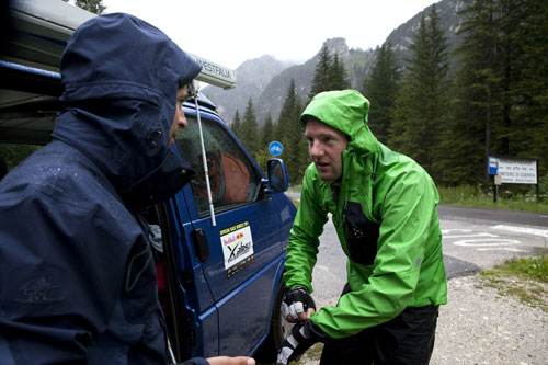Weather for ducks ... Chrigel Maurer meets his supporter in Landro, Italy, today, 20 July 2011. Photo: Red Bull X-Alps Weather for ducks ... Chrigel Maurer meets his supporter in Landro, Italy, today, 20 July 2011. Photo: Red Bull X-Alps
