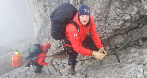 Chrigel Maurer downclimbing the via ferrata on the Hoher Dachstein in the 2011 race. Photo: Chris Hoerner/Red Bull Content Pool Chrigel Maurer downclimbing the via ferrata on the Hoher Dachstein in the 2011 race. Photo: Chris Hoerner/Red Bull Content Pool