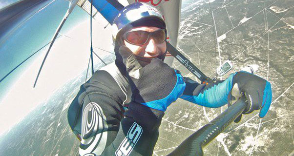 Jonny Durand mid-flight while breaking the distance to goal world record. Photo: Jonny Durand