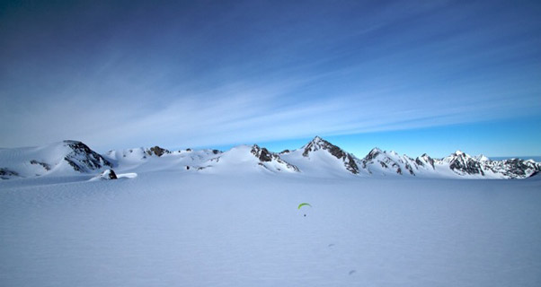 Spot the glider... paragliding in Greenland. Photo: Gemma Woldendorp and Natasha Sebire Spot the glider... paragliding in Greenland. Photo: Gemma Woldendorp and Natasha Sebire