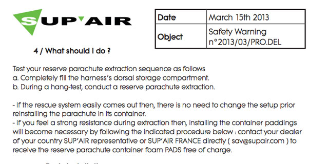 Sup'Air safety warning, issued March 2013