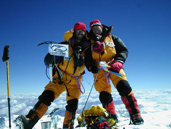 Zeb and Claire on the summit of Everest, before their tandem paraglide into Tibet. Photo: claire-zeb.pagesperso-orange.fr
