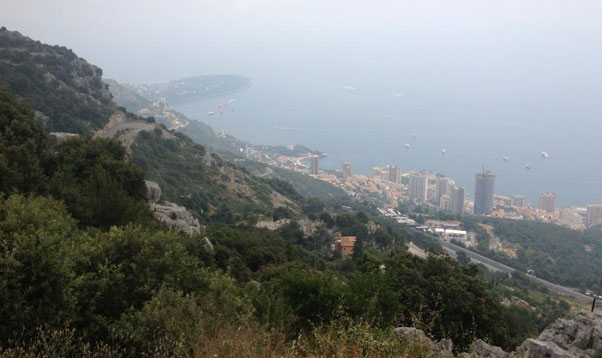 An iPhone photo of the pair in flight heading towards Monaco harbour. Photo: Red Bull X-Alps / facebook