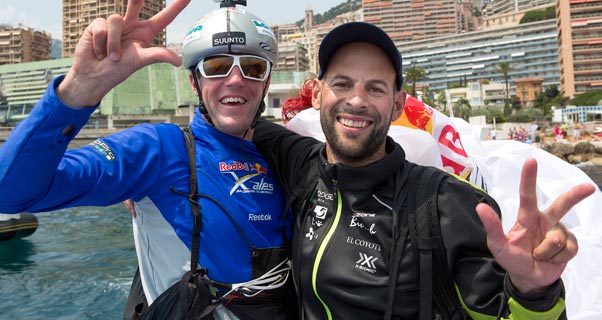 Maurer and Thomas Theurillat celebrate winning their third Red Bull X-Alps last year. Photo: Olivier Laugero