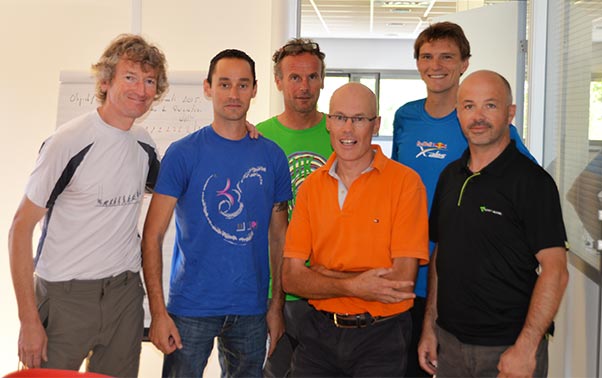 Left to right: Pierre Bouilloux, Sup'Air founder; Gaëtan Heudeleine,; Phil Vernerey, Sup'Air harnesses; Lex Hagenbeek, contest winner; Clément Latour, Sup'Air sales manager and X-Alps hero; JC Skiera, Sup'Air gliders team leader. Photo: Sup'Air